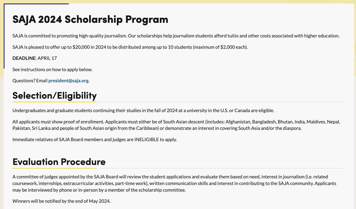 SAJA's 2024 scholarships deadline is April 17. $20,000 will be distributed among 10 students: saja.org/scholarships You can help by: 1. Sharing this post. 2. Donating to SAJA: saja.org/donate We've given away $400K in scholarships and fellowships; let's keep it going!