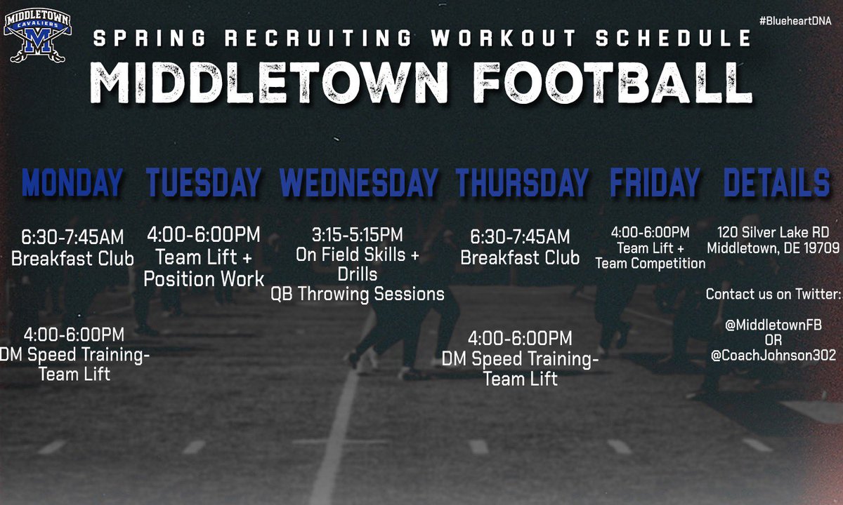 Middletown Football is looking forward to EVERY school that Stops By this Spring Recruiting Period to Recruit our Cavs We have Updated Prospect Sheets + A TON of Top Level Talent in Each Class! Reach Out if you plan on Coming By! @coachjohnson302 @ZacharyBlum1