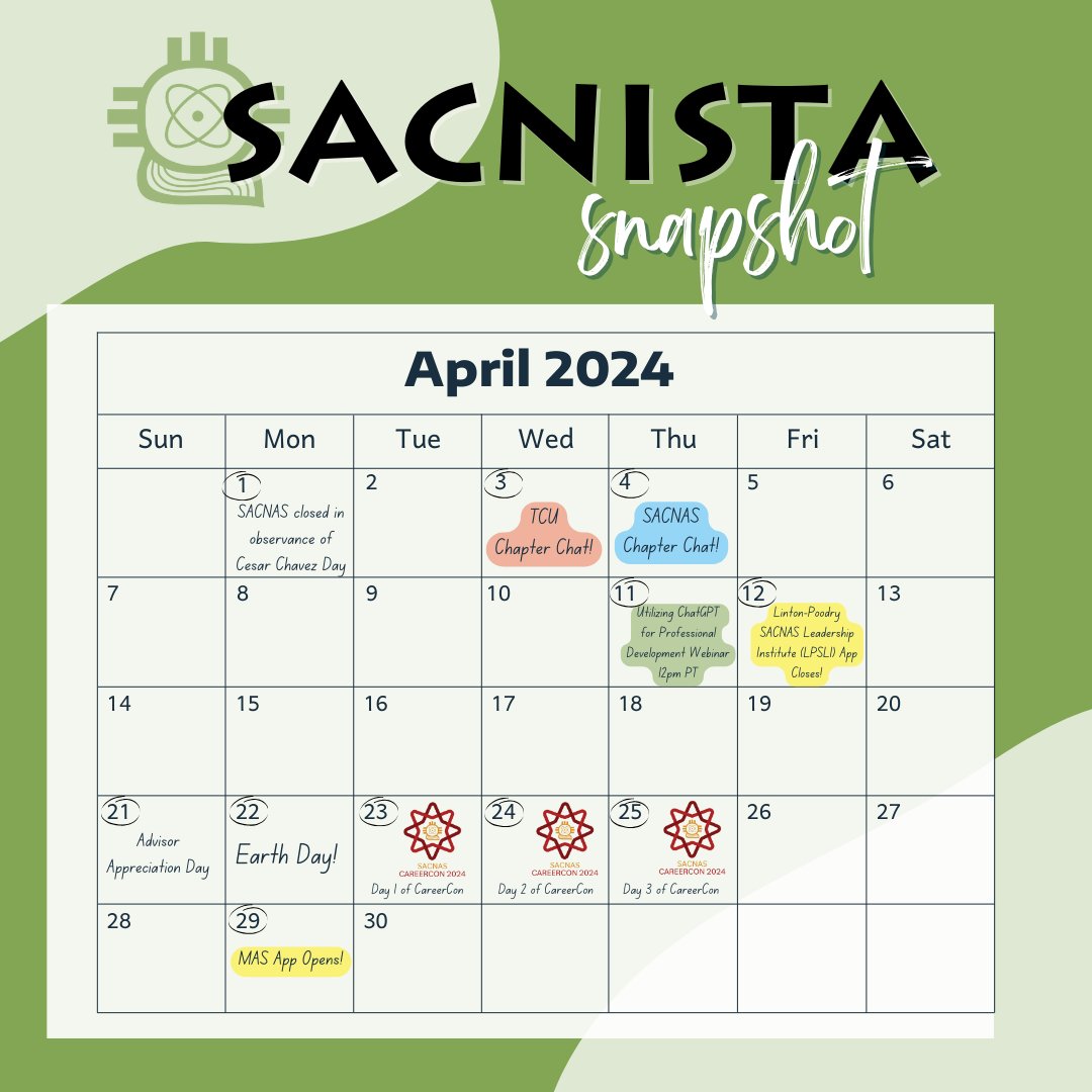 The April #SacnistaSnapshot is here! See what's in store for SACNAS: 💻 ChatGPT Webinar- 4/11 💢 LPSLI App closes- 4/12 🔗CareerCon App- 4/23-4/25 📅 MAS App opens- 4/29 📍 #2024NDiSTEM in Phoenix, AZ- 10/31-11/2