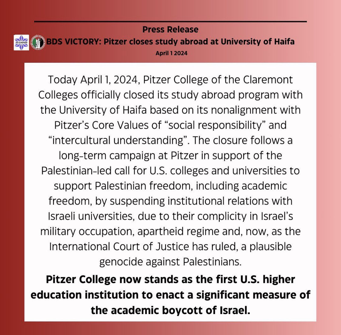 NationalSJP's tweet photo. HISTORIC VICTORY: Today, Pitzer College closed its study abroad program w/ the University of Haifa following a 6-year-long campaign led by Claremont SJP &amp; JVP. In doing so, Pitzer becomes the first institution of U.S. higher education to enact a major academic boycott of Israel. https://t.co/MshBzENNtb