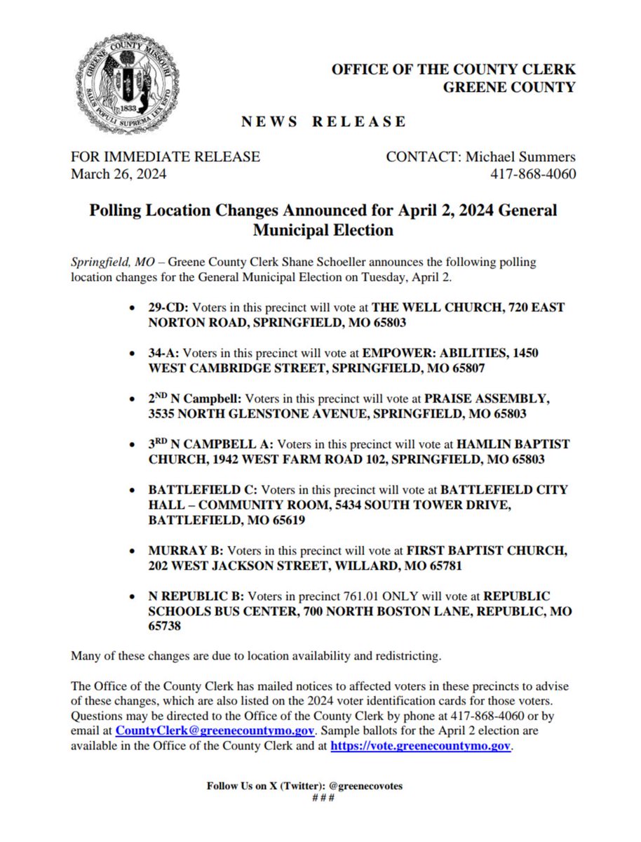 We have notified voters by mail 📬 and through local media 🎥 📰, who will see their assigned polling location change when they come to cast their ballot 🗳 tomorrow. Here are the polling location changes for your convenience.