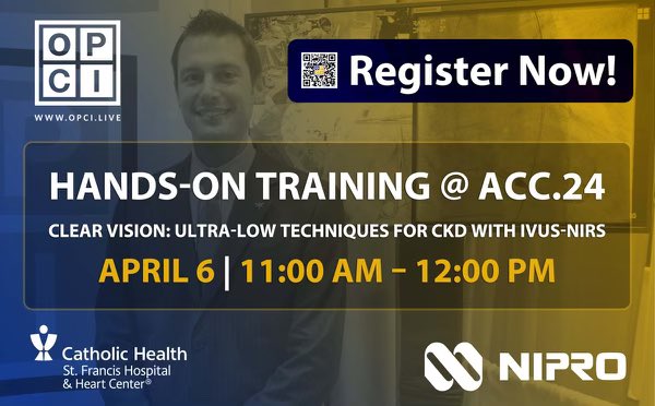 Please join @OPCILive @ #ACC24 this Saturday @ACCinTouch for hands on training with IVUS-NIRs in patients with CKD. Learn how to incorporate low contrast PCI into your practice. Great for fellows too! @DrAllenJ @ziadalinyc @alikomaehara @rushiparikh11 opci.events/V8LeqK