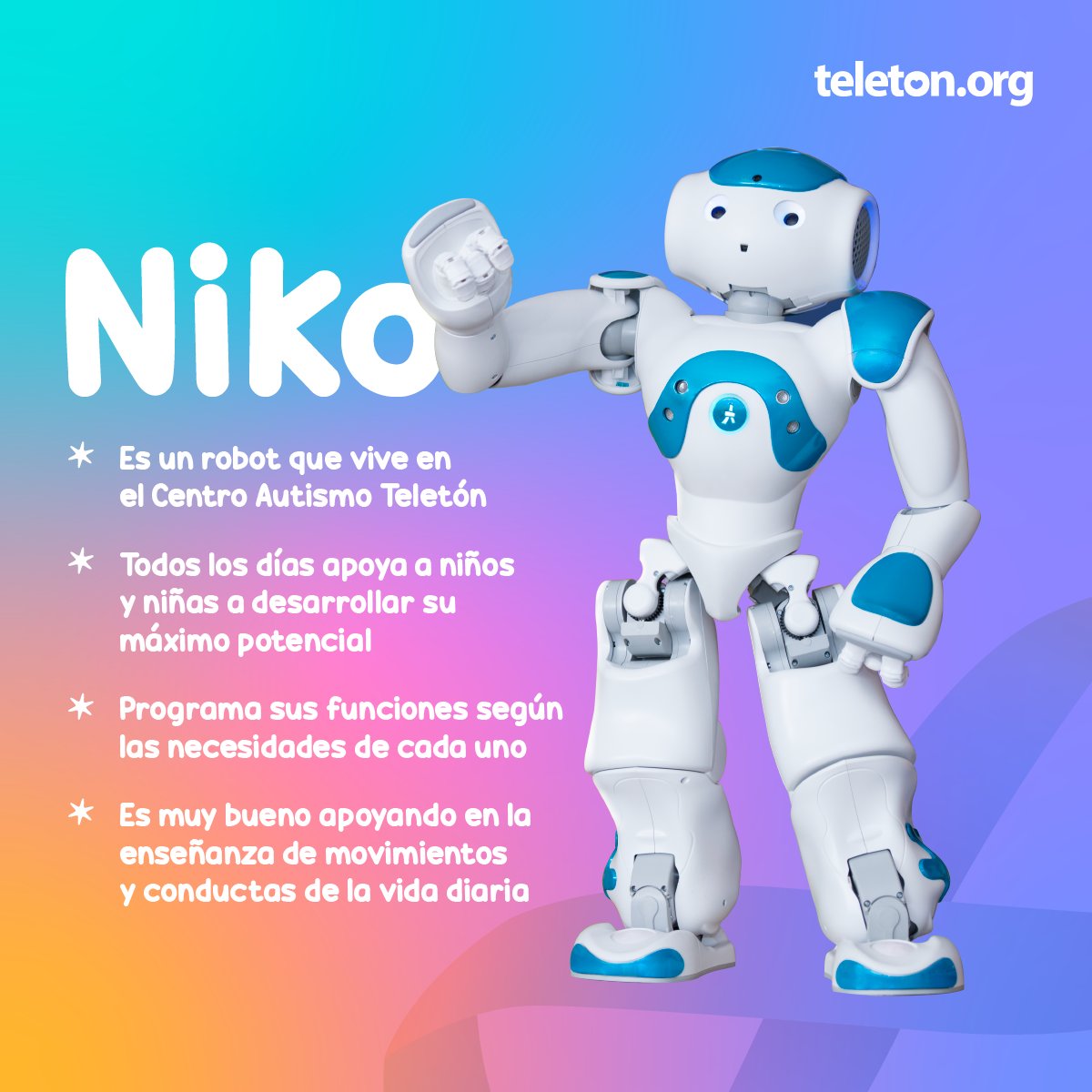 Conoce a Niko, el robot NAO humanoide que vive en el Centro @AutismoTeleton y apoya a niños y niñas a mejorar conductas respecto al seguimiento de instrucciones, socialización, imitación o juego. #AutismoTeletón 🤖