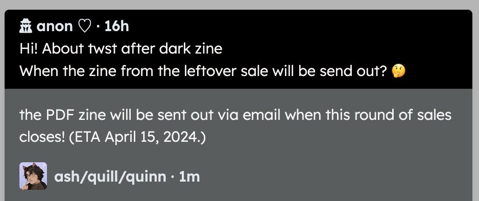twstafterdark13's tweet photo. Q: when will digital zines be sent out for round 2/aftersales?
ETA apr 15!

https://t.co/8qCdR8lrkA https://t.co/aULdxWrZDN