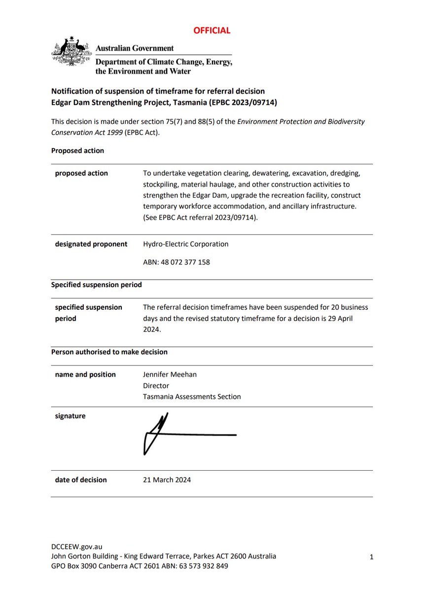 A brief Edgar update : the time frame for a decision, on whether or not the proposed dam works are a controlled action, has been suspended for 20 business days with a new decision date set for April 29th 👏🏽 🌿What can you do during this holding period to help Lake Pedder? 👇🏽🧵