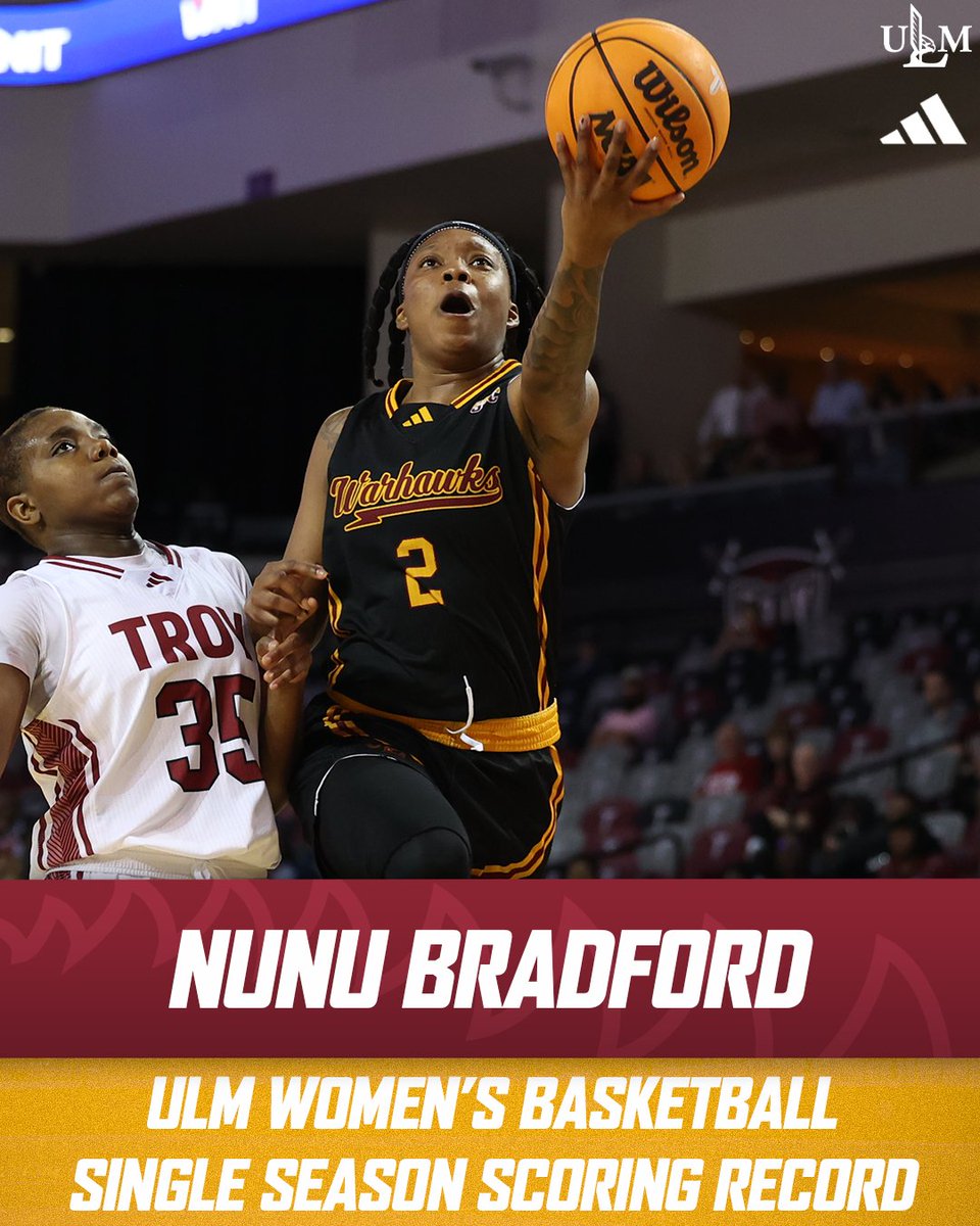 Nunu Bradford is now ULM women's basketball's single-season scoring record holder ‼️ With 673 points, she is now the top single-season scorer in our history! 🔥