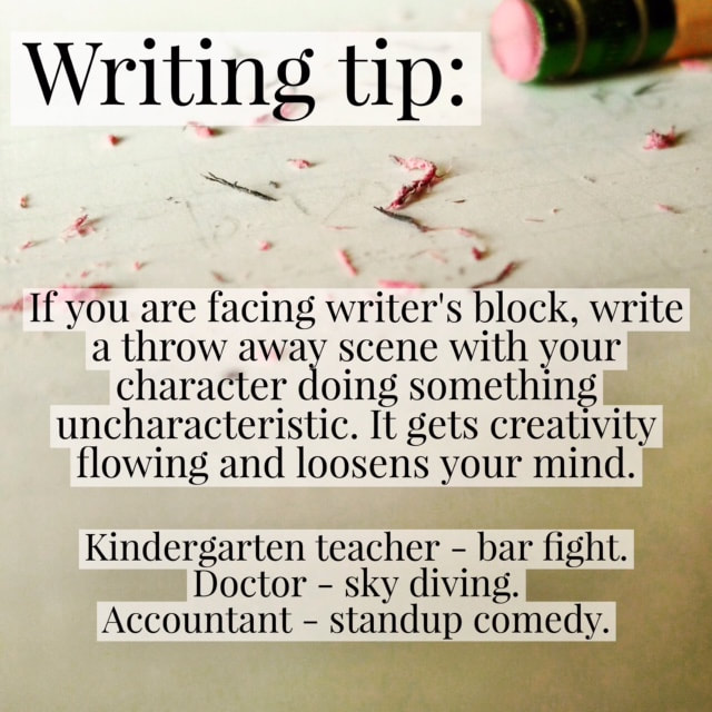 Writing a random scene with your characters, one NOT intended for your story, can often be a way to kickstart your creative mind.

#Writing #WritingAdvice #WritersLife #IAmWriting #WritingCommunity #WritersCommunity #Writer #StartWriting #GetWriting #WritersBlock #WritingTips