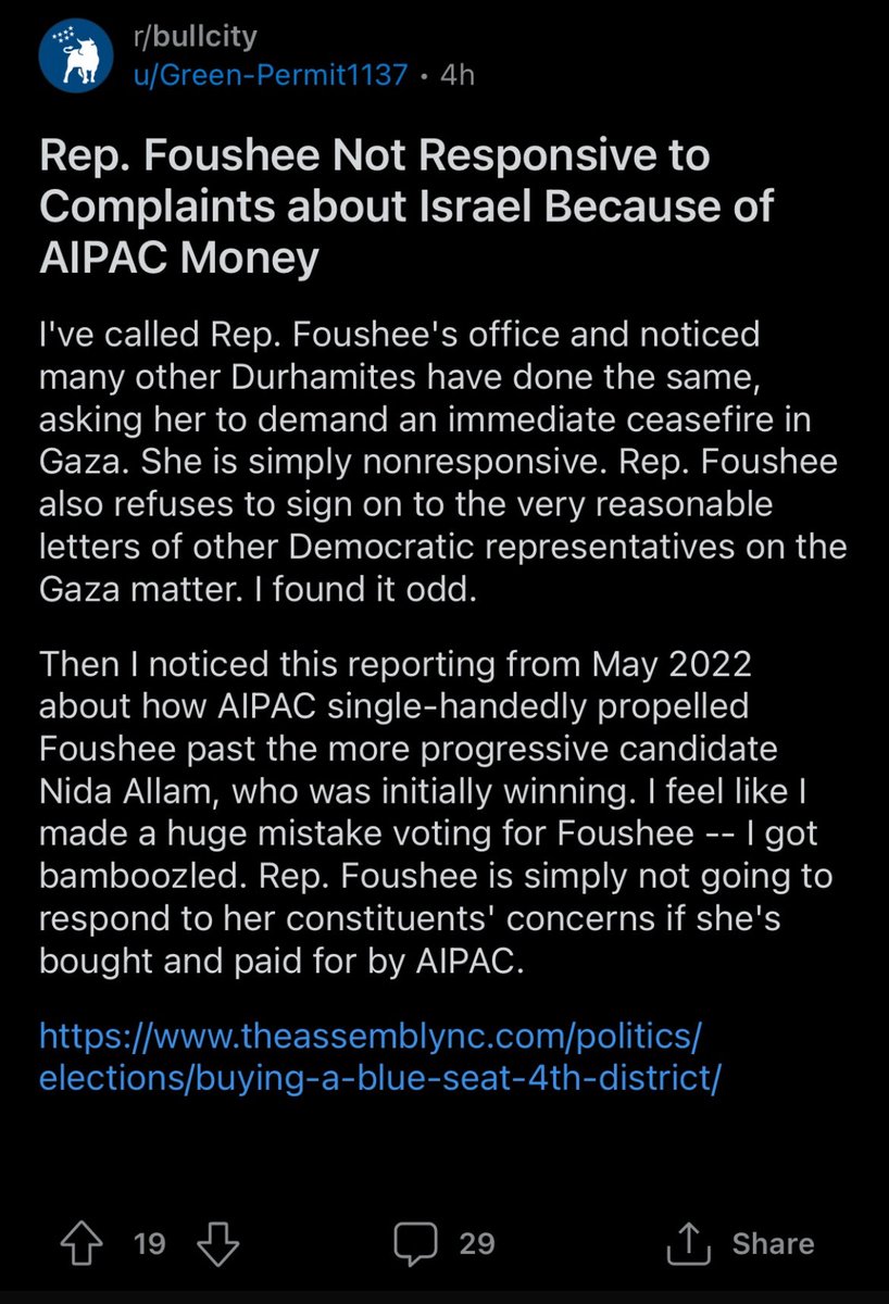 AIPAC is collecting well on their investment on Foushee. This is shameful and anti-democratic. We need to ban super-PACs buying off voters.