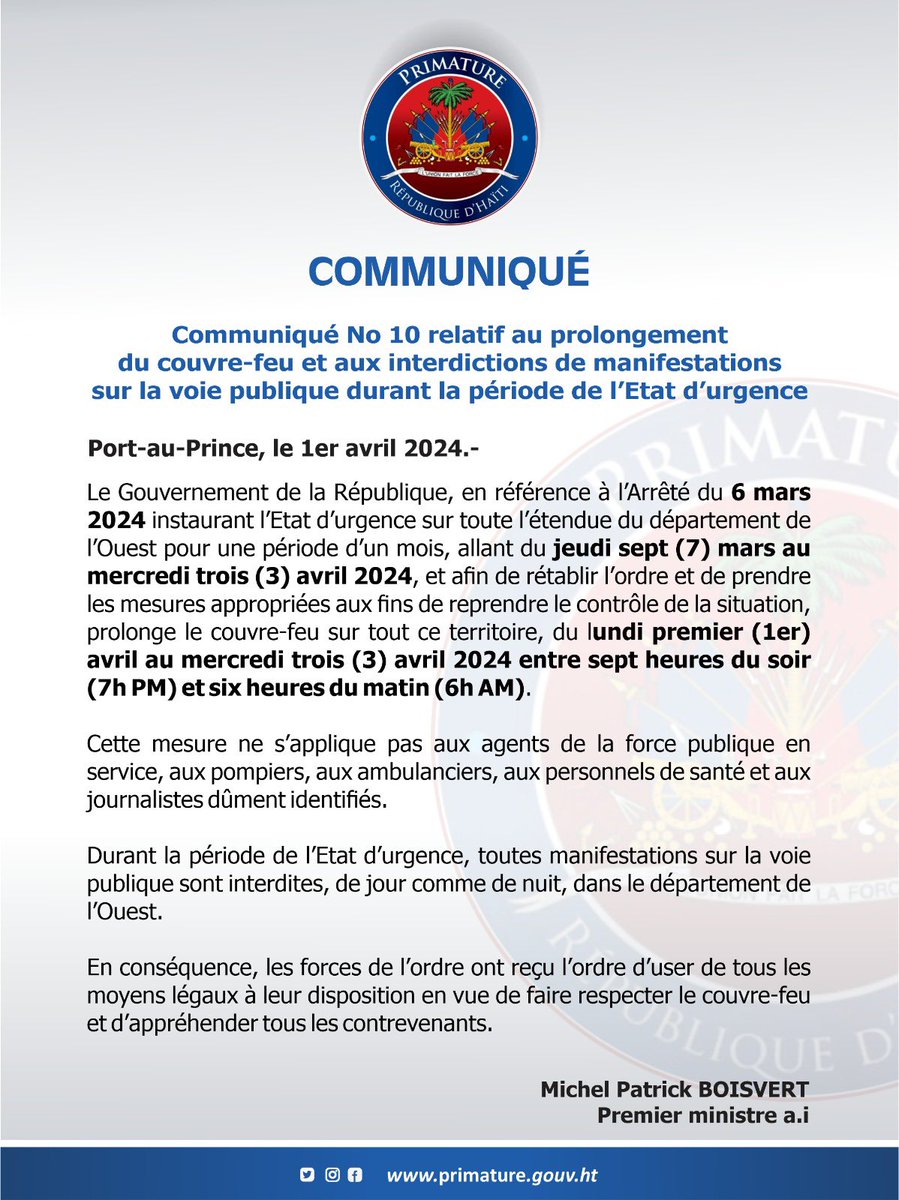 [1/6] Communiqué No 10 relatif au prolongement du couvre-feu et aux interdictions de manifestations sur la voie publique durant la période de l’Etat d’urgence