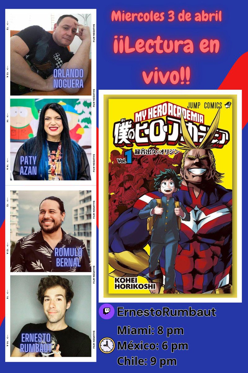 Hola Heroes y Villanos nos vemos este miercoles a las 8PM hora de Miami en el canal de twitch de @EDRumbaut donde leeremos en vivo el primer Manga de My Hero Academia. Estaran tambien @Dr0mz y @orlandonogueramarron #myheroacademia #heroesyvillanos #actors #plusultra