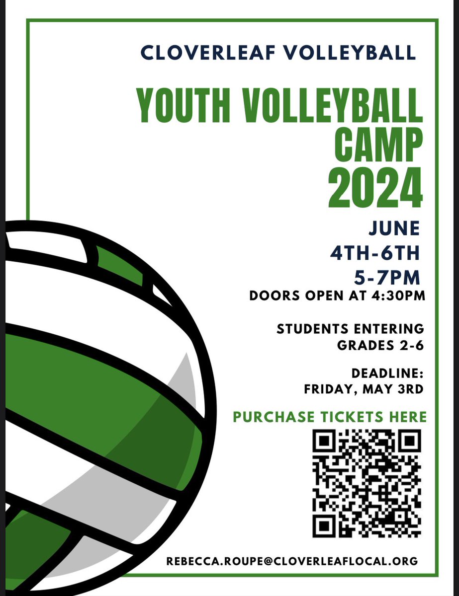 Cloverleaf volleyball youth camp is back! Deadline to register is May 3rd! Open to students who will be in 2nd-6th grade next school year.