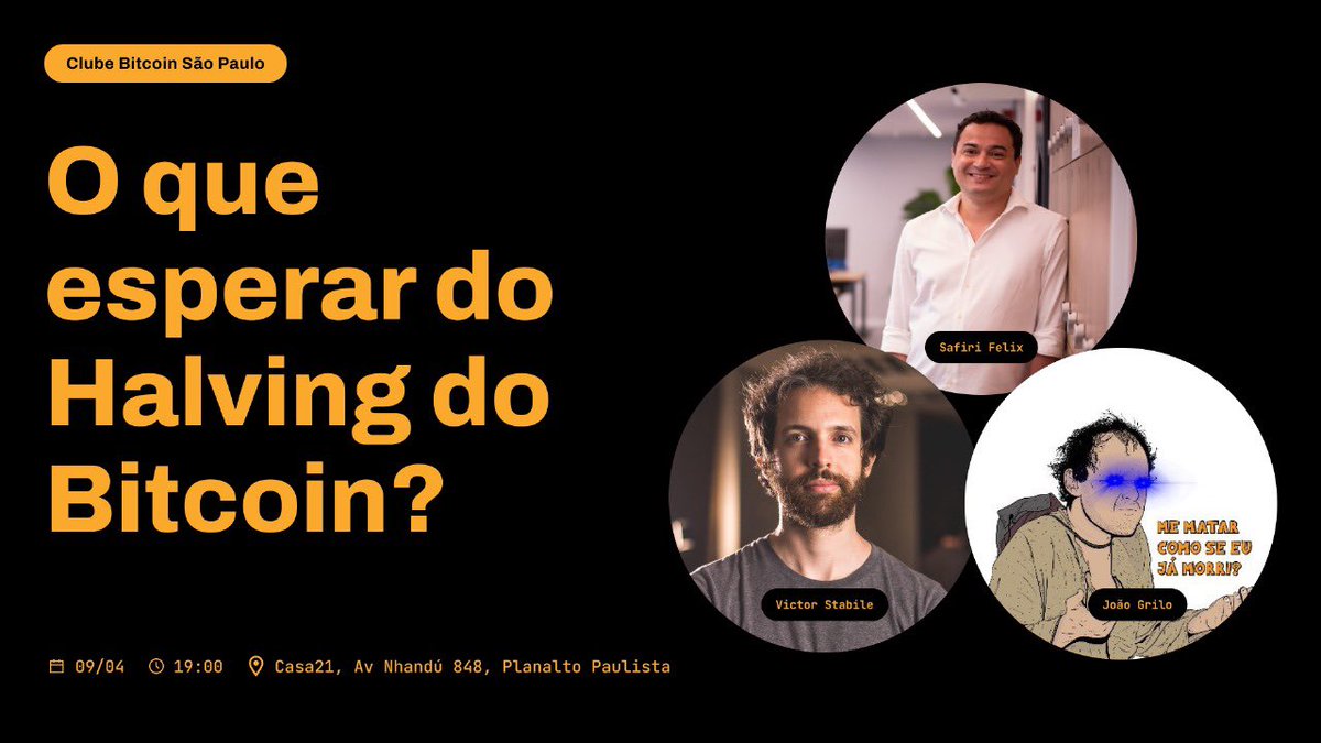 ClubeBitcoinSP's tweet photo. Na semana que vem, dia 9, teremos a volta do Clube Bitcoin SP, agora na @casavinteum!

Vamos receber @vmstabile @joaogrilobtc e @blococripto pra falar sobre o quarto halving do Bitcoin e perspectivas para esse ciclo!

🗓️ 09/04 às 19h
📍Na Casa21, Av Nhandú 848, Planalto Paulista https://t.co/xPOyWKcBQ5