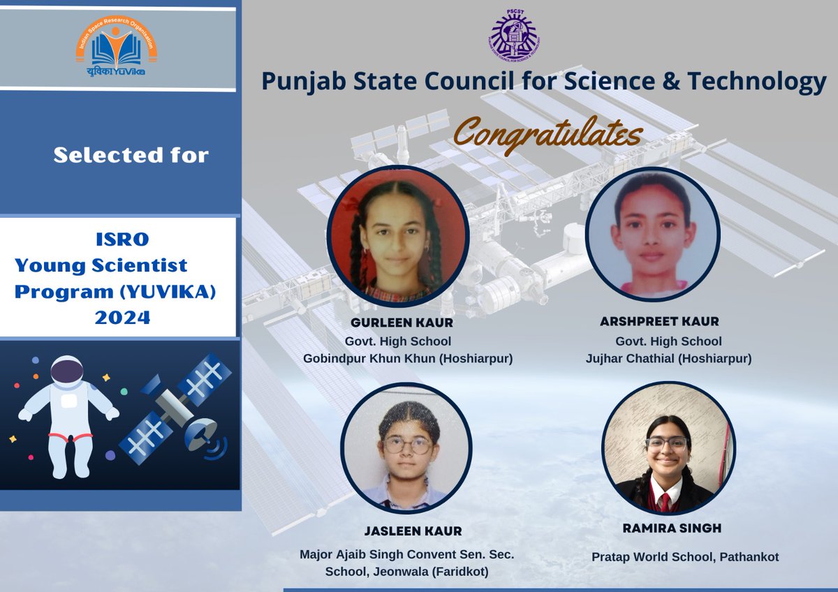 The National flagship program of #ChildrensScienceCongress conducted by @PSCST_GoP in Punjab is a platform for nurturing scientific talent. This year four #CSC girl #childscientists have been selected for the prestigious @isro #YUVIKA Program 2024 from Punjab. #NCSTC @IndiaDST