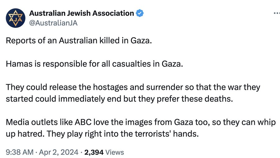 JonesHowDareYou's tweet photo. I was just thinking "how long before we see Hamas blamed for the murder of an Australian by Zionist Israel" and before I could blink ... #FreePalestine #CeasefireNOW #EndTheOccupation https://t.co/bDYqx4tgan