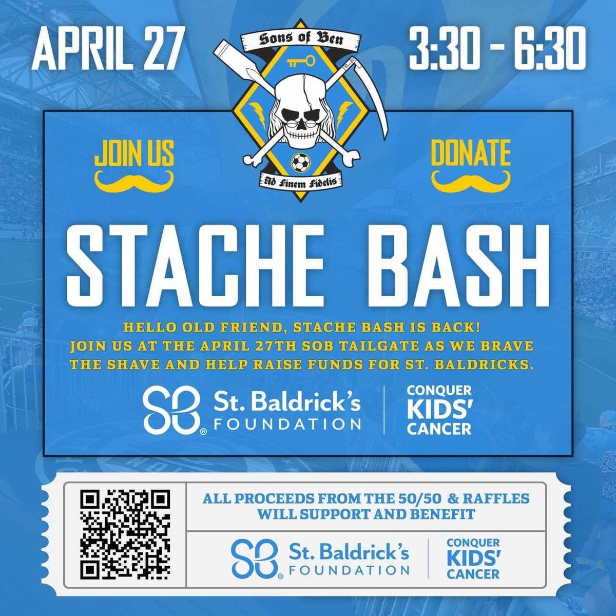 Join us on April 27, 2024, for our Stache Bash at the SoB Tailgate! Featuring: King Of Stache Bash, St Baldricks Head Shaving, and 50/50 to support the @StBaldricks Let's fight childhood cancer together! Join our team or donate here: bit.ly/43GOT4p