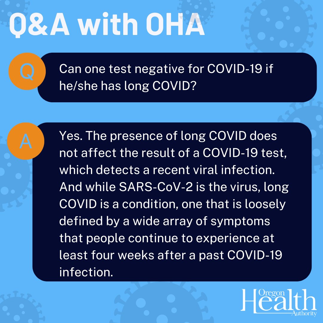 There is no test for long COVID-19. Only a medical professional can diagnose long COVID. Being up to date on COVID-19 vaccination helps protect against long COVID. If you have questions about health topics in Oregon, submit your question here: ow.ly/vMiI50R64zK
