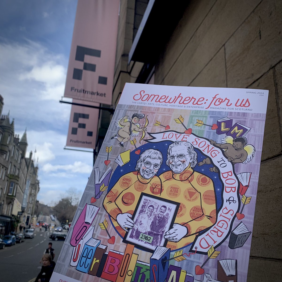 The new issue of our #SomewhereForUs 🏳️‍🌈 magazine is now available to buy at @fruitmarket in #Edinburgh. Look at the other amazing magazines we’re in the company of. We always feel super proud seeing our wee bundle of queer joy out in the wild! Cover art by Kate Charlesworth.