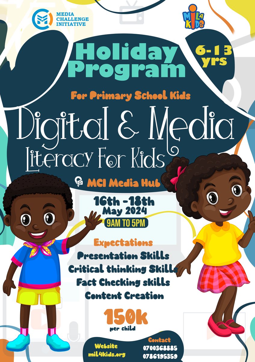 Our Digital &amp; Media Literacy for Kids holiday program is back from May 16th-18th, 2024, at MCI Hub. Equip your child with essential skills in media literacy, critical thinking, &amp; creativity. Limited spots available
Mil4kids.org  0700368885