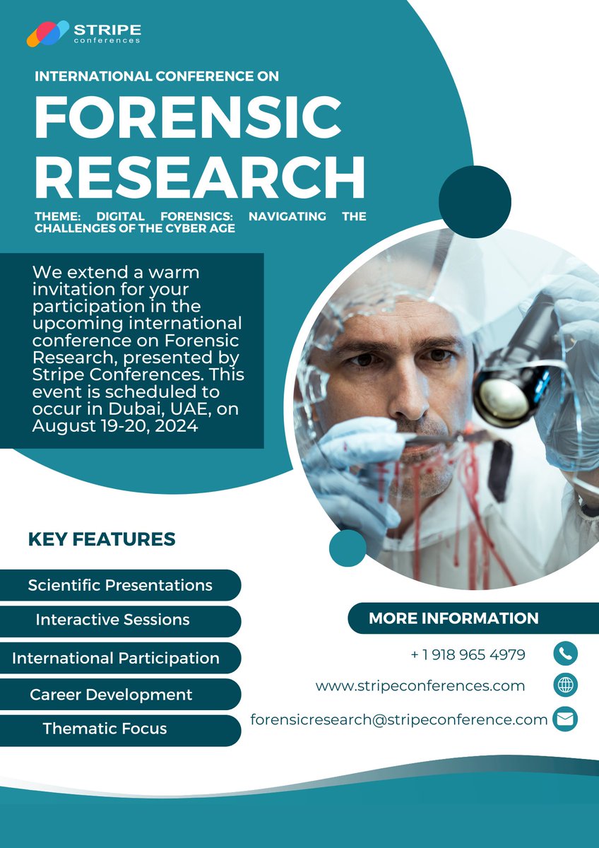 stripeconferenc's tweet image. 🔍 Join us for the International Conference on Forensic Research, presented by Stripe Conferences! 🕵️‍♂️

📅 Save the Date: August 19-20, 2024 📍 Location: Dubai, UAE
See you in Dubai! #ForensicResearch #DigitalForensics #CyberSecurity #Dubai #StripeConferences