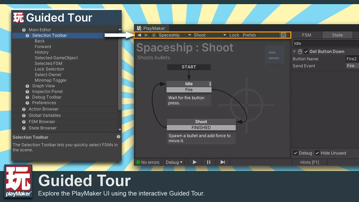 HutongGames's tweet image. #PlayMakerTip Take a Guided Tour of the editor: PlayMaker / Help / Guided Tour #unity3d #visualscripting #gamedev #indiedev u3d.as/1Az