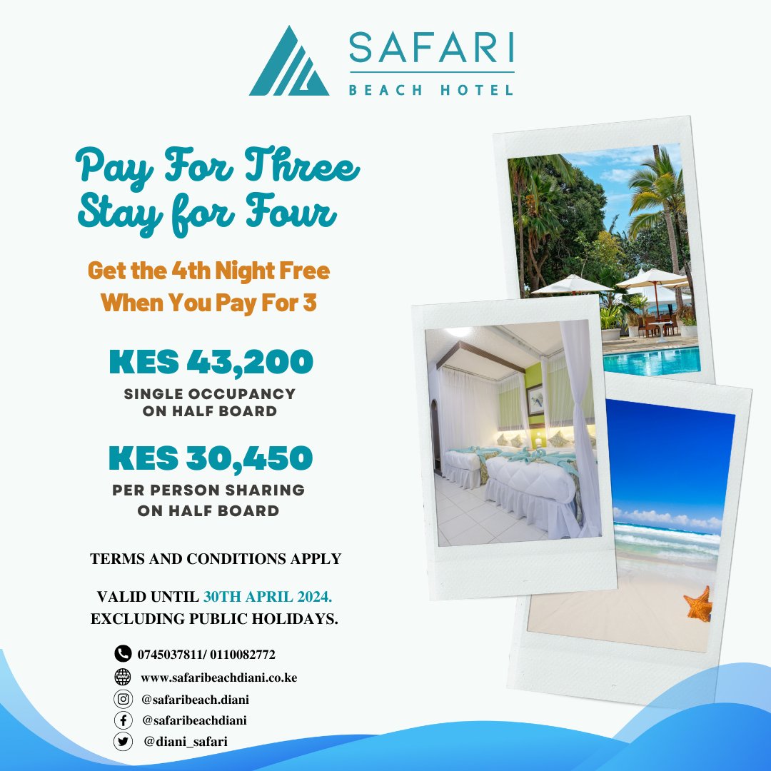 April just got even more exciting at @diani_safari! Book now and enjoy our exclusive FREE night offer: Pay for 3 nights, stay for 4! Book your stay today! #SafariBeachDiani #FreeNight #DianiBeach #ADelightfulPlaceToWander #couples #solotravellers #Offers