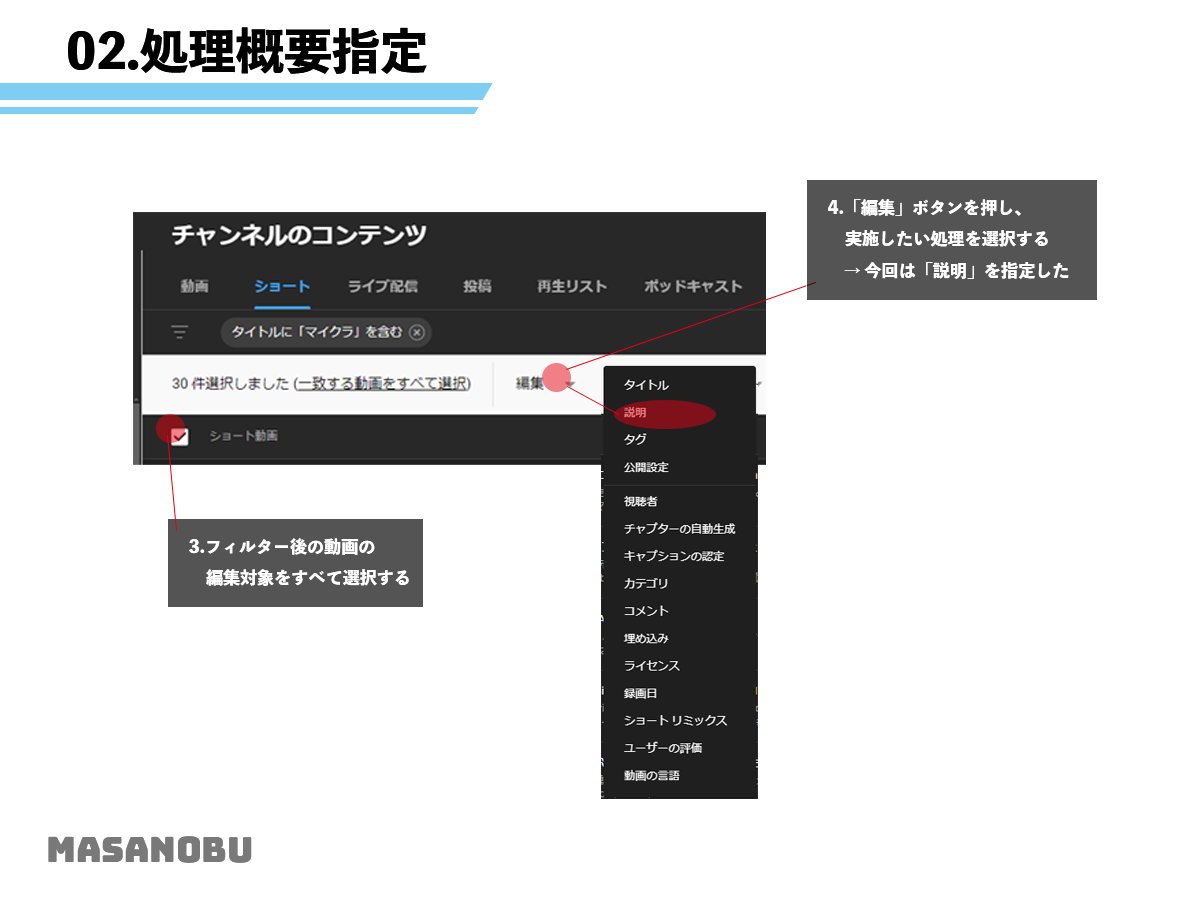 masarich06's tweet photo. 【意外と知らない YouTubeTips】

YouTube運営をする際、動画ごとに概要欄の著作権表示やタグの編集などを行ってないですか？
これめちゃくちゃ時間かかるし大変な作業です💦

簡単な手順で概要欄やタグが一括編集できちゃうので、ぜひこの方法を使ってみてください✨️

今回の解説画像は「マイクラ」に関する動画の『概要欄』を一括で処理するものです！

#30日解説画像チャレンジ Day2
#YouTubetips
