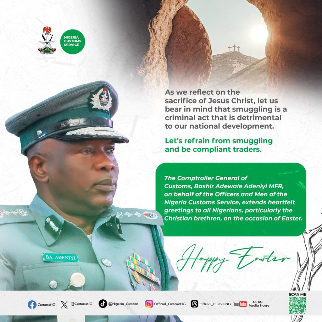 'Fisayo Soyombo (@fisayosoyombo) on Twitter photo Good morning, <a href="/CustomsNG/">NIGERIA CUSTOMS</a>. In your Easter message yesterday, accompanied by a picture of Bashir Adewale Adeniyi, the Comptroller General of Customs, you described smuggling as “a criminal act that is detrimental to our national development”.
If smugglers are criminals, what then Good morning, <a href="/CustomsNG/">NIGERIA CUSTOMS</a>. In your Easter message yesterday, accompanied by a picture of Bashir Adewale Adeniyi, the Comptroller General of Customs, you described smuggling as “a criminal act that is detrimental to our national development”.
If smugglers are criminals, what then