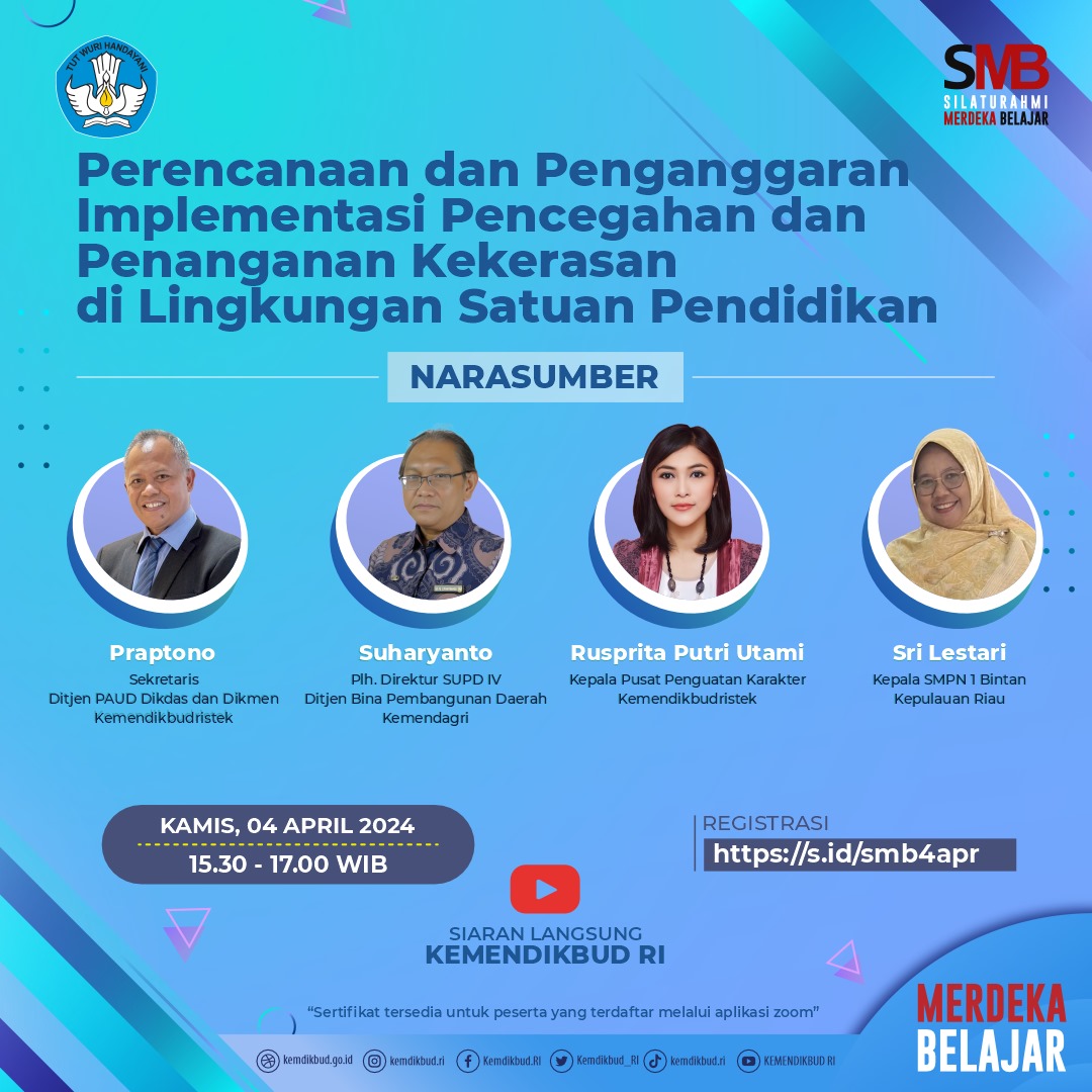 #SahabatDikbud, pendidikan berkualitas bisa terwujud di lingkungan belajar tanpa kekerasan. Permendikbudristek No. 46 tahun 2023 yang mengatur tentang Pencegahan dan Penanganan Kekerasan di lingkungan satuan pendidikan (PPKSP) hadir demi menciptakan lingkungan belajar yang…