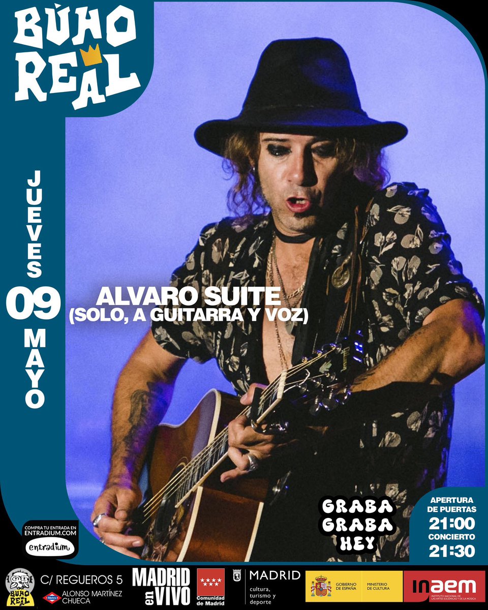 El mes de mayo nos traerá de nuevo a Madrid a @SuiteAlvaro . No te pierdas su concierto en la @SalaBuhoRealbar 🎸 entradium.com/es/events/alva…