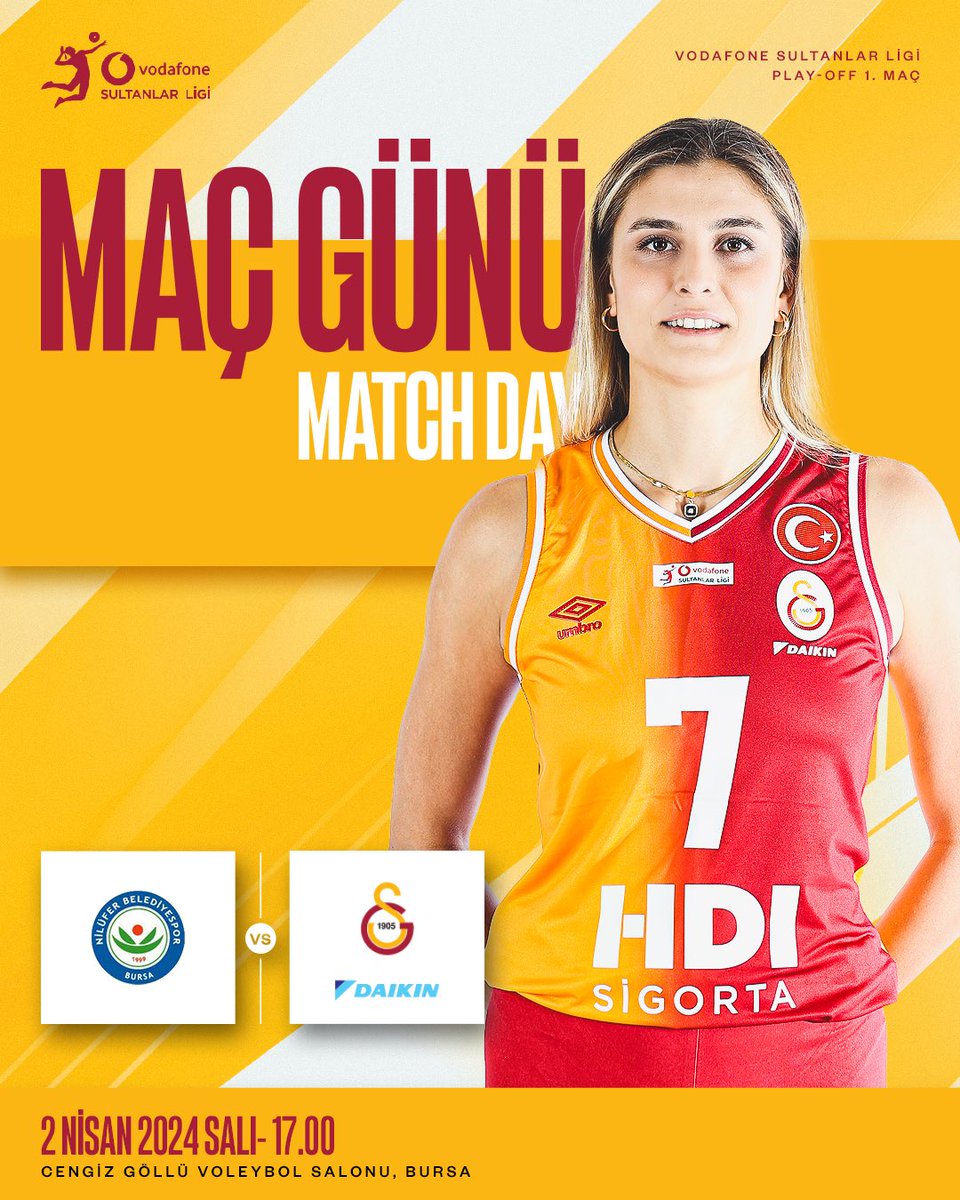 #MaçGünü | Nilüfer Belediye - Galatasaray Daikin

🏐 Vodafone Sultanlar Ligi Play-Off 1. Maç
📅 02.04.2024 
⏱ 17.00
📍 Cengiz Göllü Voleybol Salonu, Bursa
📺 TVF Voleybol TV