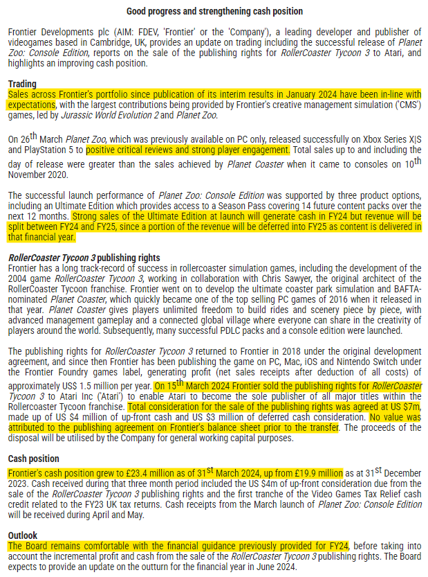 1James1n1's tweet image. #FDEV - After a share price performance in recent years with more sharp turns than a RollerCoaster Tycoon could imagine, today&apos;s update reassures:
➡️YTD trading in-line.
➡️Planet Zoo on Xbox to +ve reviews.
➡️Add&apos;l cash from RollerCoaster Tycoon 3 publishing rights sale.