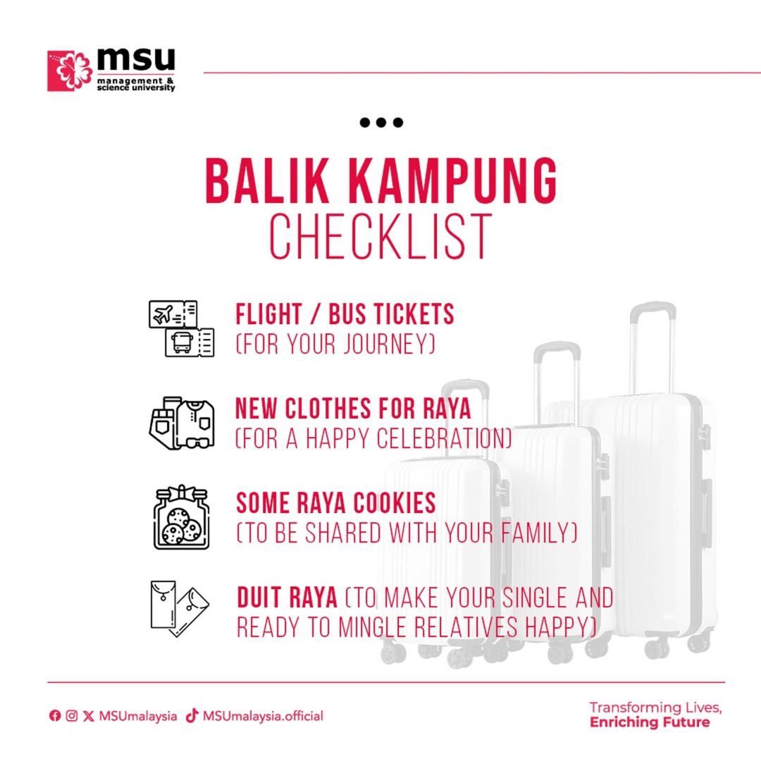 Packing your stuff for balik kampung is always so stressful out of fear of forgetting something important. However, these are the most important things to include in your luggage and definitely not to be missed. Safe journey, #MSUrians. #MSUmalaysia #MSURaya2024 #TipsTuesday