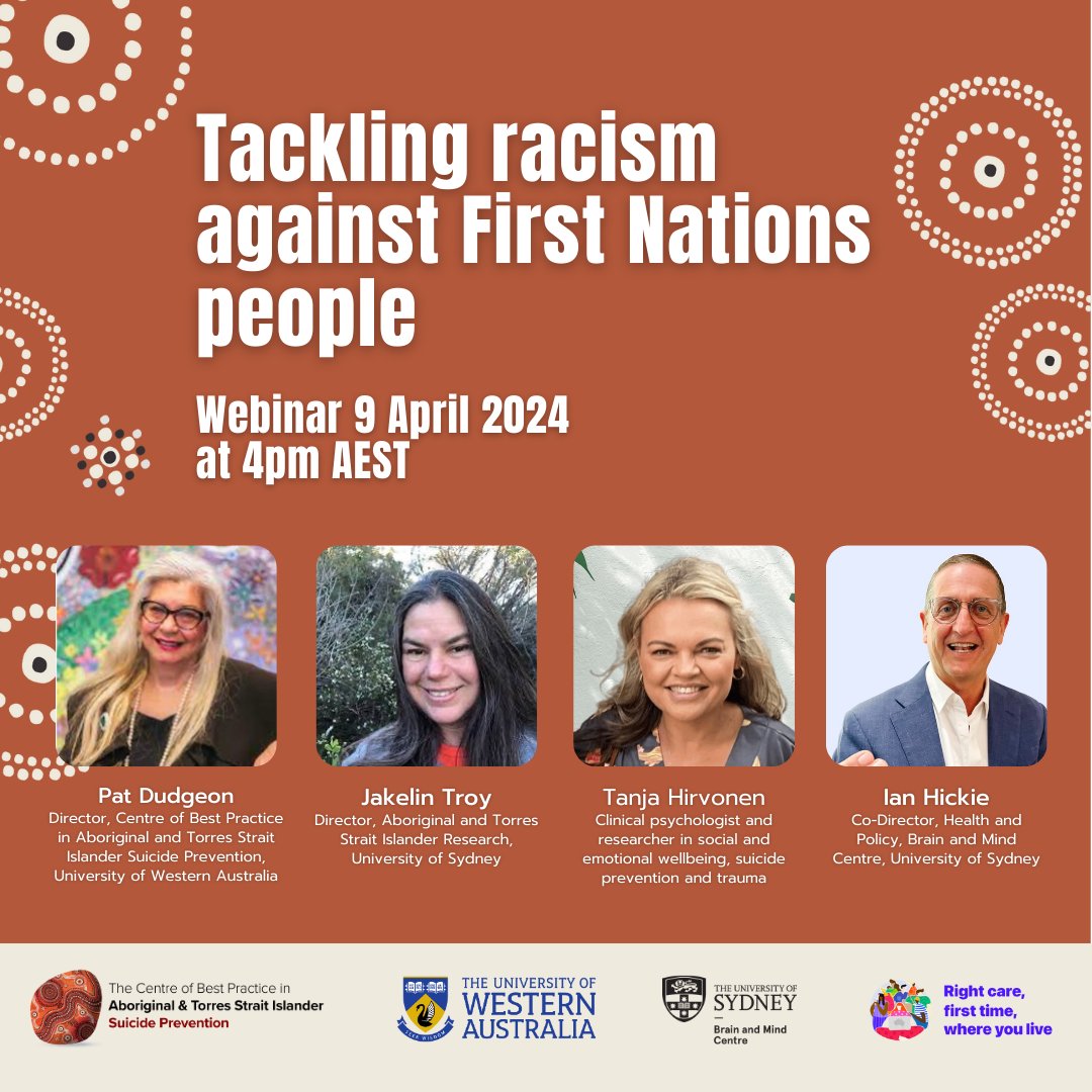 At the @BrainMind_Usyd we are delighted to be collaborating with the @cbpatsisp at the @uwanews for this important discussion on racism. Register: bit.ly/3xhiSUF @Sydney_Uni @mscott @Mark_Butler_MP @BHPFoundation @pat_dudgeon @JakelinTroy #SEWB #mentalhealth