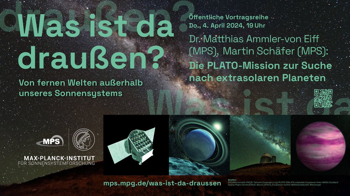 The upcoming talk in our public lecture series devoted to #exoplanets will be all about @ESA_Plato and the #MPSGoettingen contribution to this mission. In German. More infos here: mps.mpg.de/was-ist-da-dra…