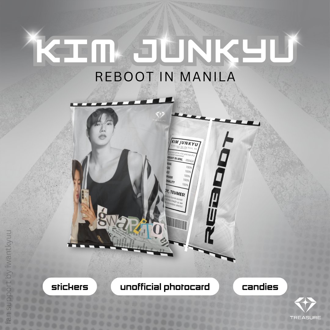 𝗚𝗪𝗔𝗣𝗜𝗧𝗢 𝗝𝗨𝗡𝗞𝗬𝗨 is coming back to Manila...

user <a href="/iwantkyuu/">jero 🩵</a> will give away chip bags with stickers, unofficial photocard, and candies! ✨

🖤 strictly 1:1 ratio (limited qty) 
🖤 tag me once u get one 
🖤 like and rt to spread ><

#TREASURE_REBOOT_IN_MANILA