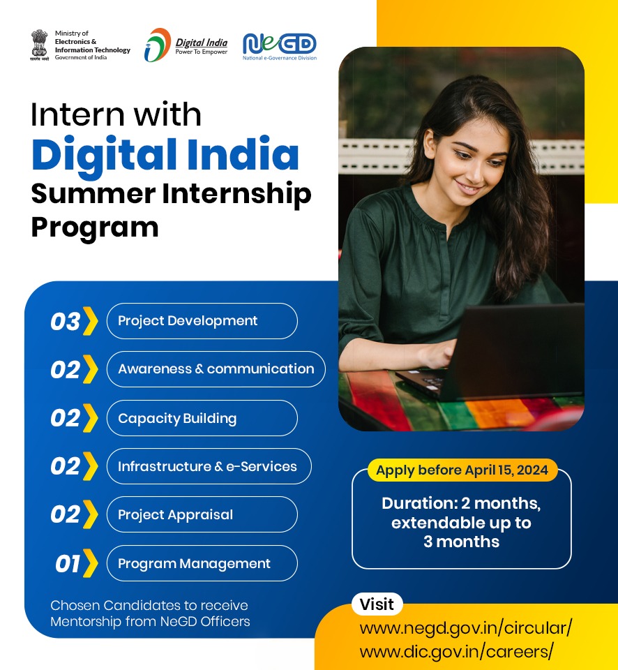 Intern with #DigitalIndia!

Visit negd.gov.in/circular/ or dic.gov.in/careers/ for details.

#SummerInternship @GoI_MeitY @NeGD_GoI @DigitalIndiaCrp