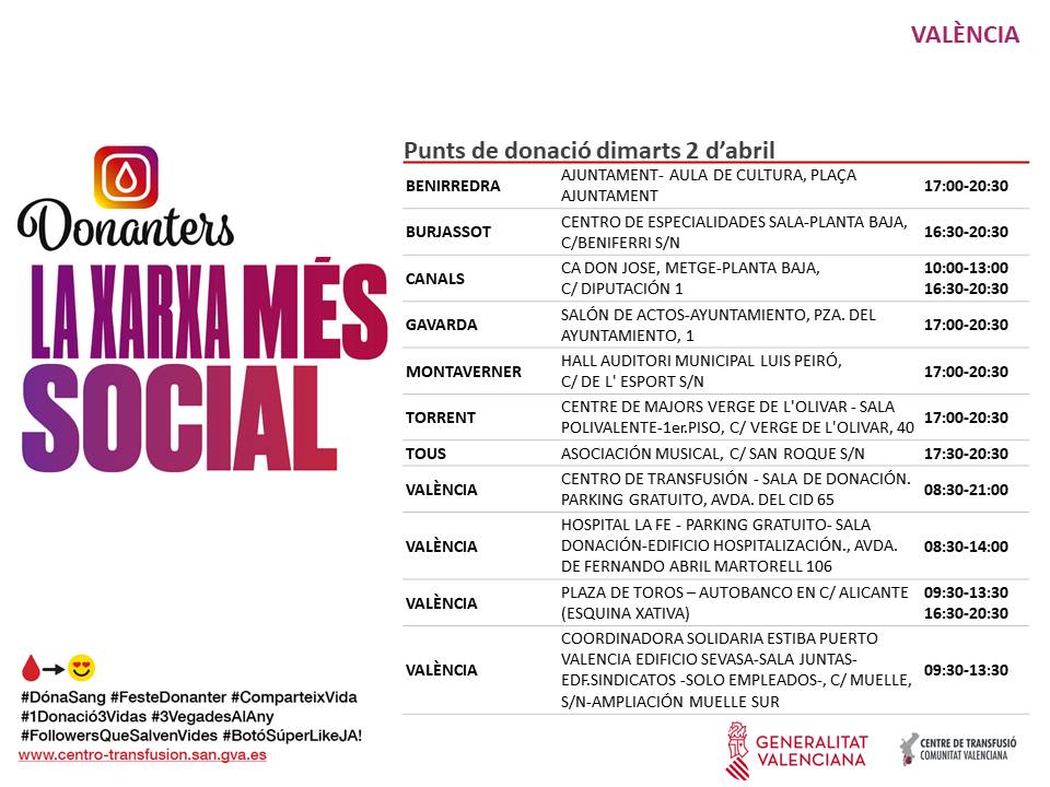 📅 Punts de donació en #València #2abril Després de la #SetmanaSanta és important la teua donació. 👉Donar només en cas d'emergència pot ser tard. Uneix-te a la #FàbricadelaVida ❤️