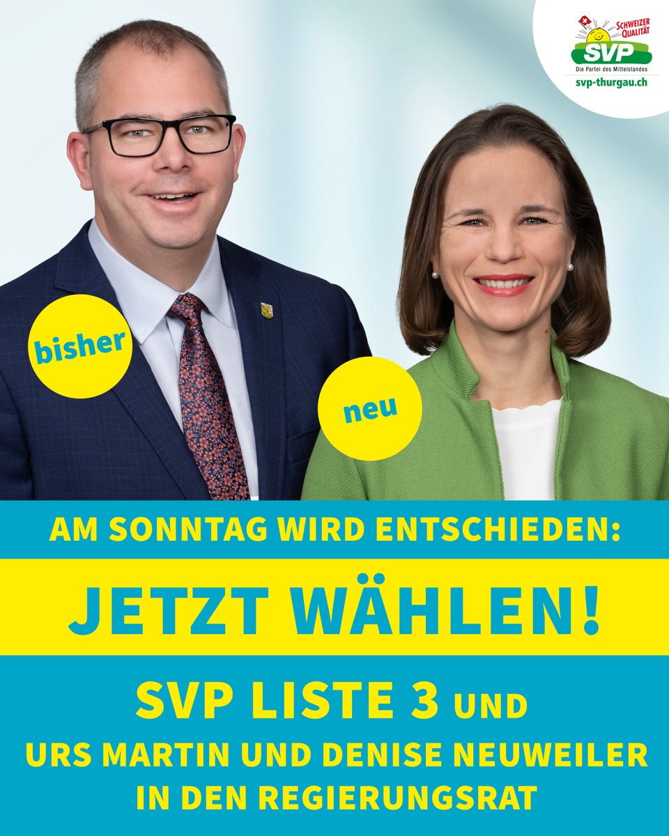 Am Sonntag wird entschieden!

Wählen Sie jetzt SVP Liste 3 und Urs Martin und Denise Neuweiler in den Regierungsrat! 🇨🇭🗳️