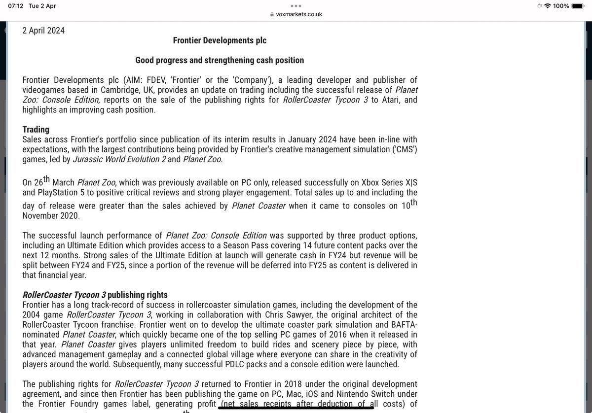 reb40's tweet image. #FDEV might be getting closer to being back on track

Inline with expectations &amp;amp; improved cash position of £23.4m thanks to Rollercoaster game sale to Atari for $7m

Bearing in mind this is now only a £55.66m market cap that’s a decent amount of cash if it can turn a profit soon