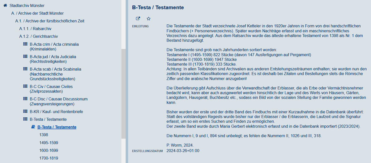 Inhaltsbeschreibungen (Regesten) zu 2.000 #Testamente|n des 17. Jahrhunderts aus #Münster online einsehbar: unser letztes bisher nur handschriftlich verfügbares #Findbuch wurde abgeschrieben und ist nun in der Archivdatenbank erfasst. #Sozialgeschichte 
archive.nrw.de/ms/search?link…