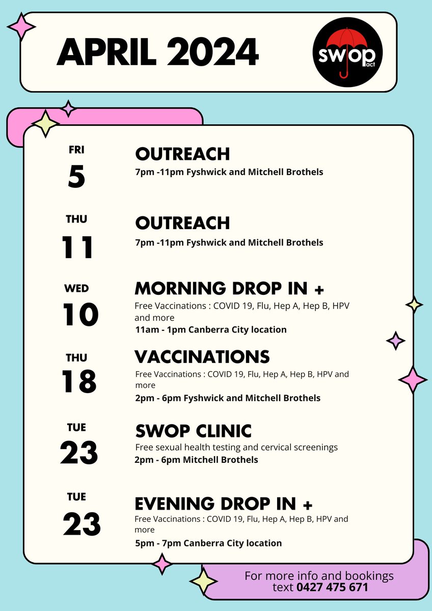 📢Attention Canberra SWs & touring SWs! Connect with our SWOP Peer Educators in various ways every month. We are hosting two monthly drop-ins where you can come and meet us. We also provide free vaccinations, sexual health testing & cervical screenings. (No Medicare or ID req)