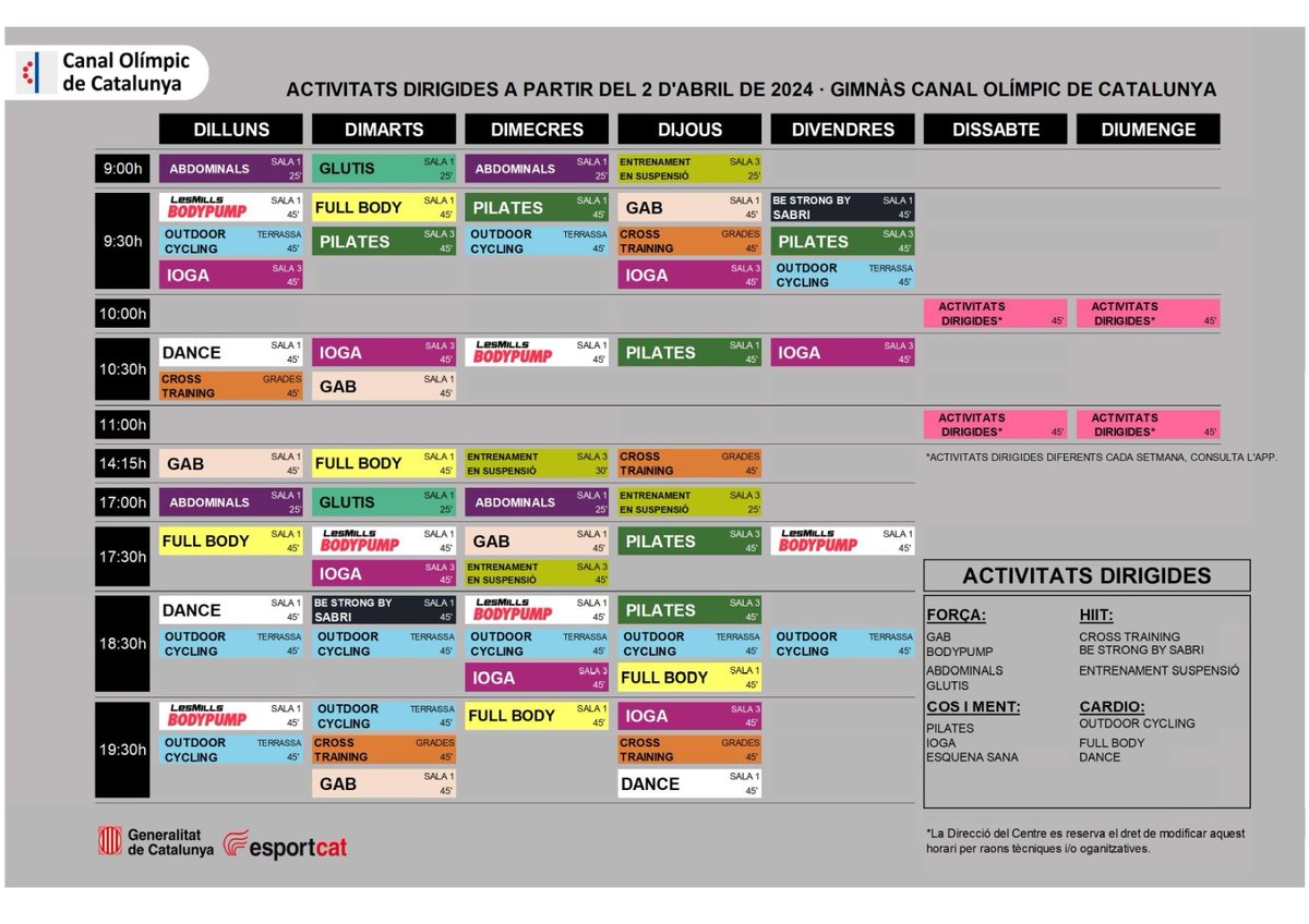 Comencem la setmana amb #NOU HORARI d'ACTIVITATS DIRIGIDES. • Recorda reservar les teves classes a través de l'app @trainingym_app • #esportcat #canalolimpiccat