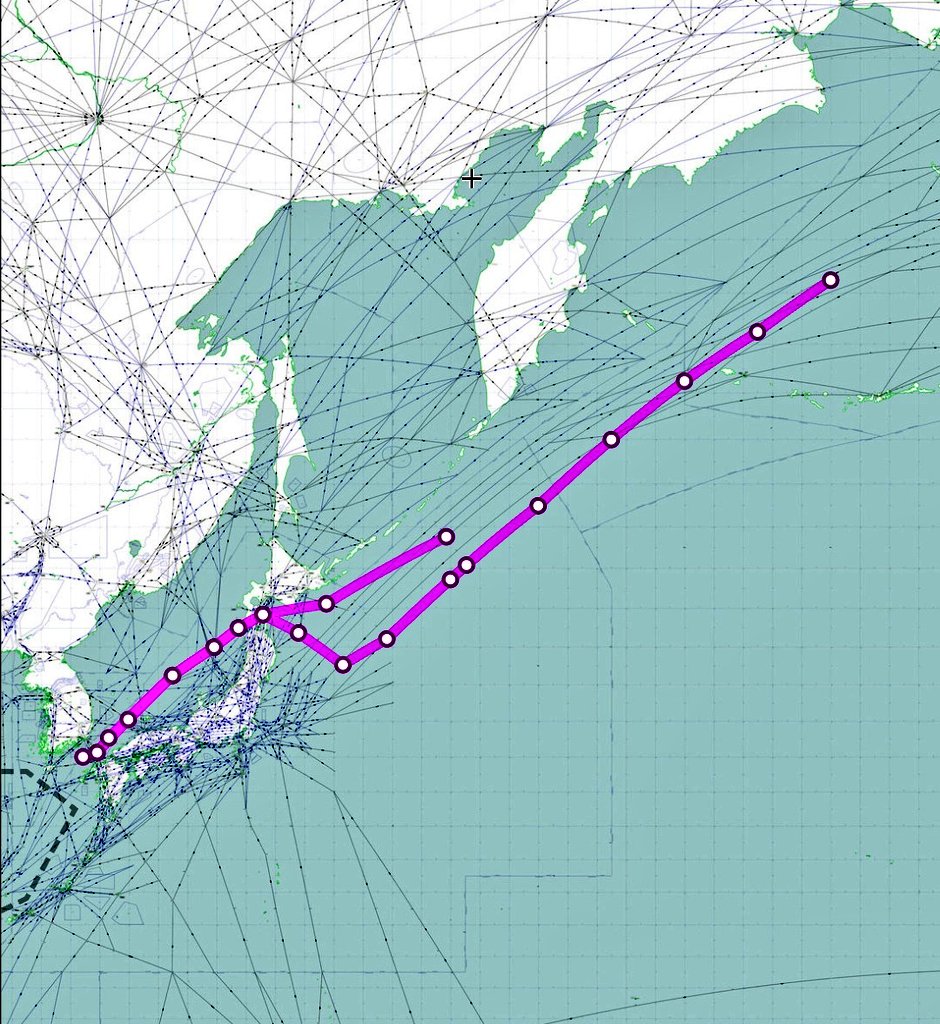 FMilcoms's tweet photo. #MYLAR 11 flt (2x #B52?) are flying towards Korean peninsula and back to Anchorage FIR.

PEARL 42 #AE047E
PEARL 44 #AE0488
as #PEARL 42 flt and
PEARL 41 #AE0150 
made a round trip out of RODN for AR in the Fukuoka FIR.

@AircraftSpots thanks for the supporting info. https://t.co/acupVsrygf