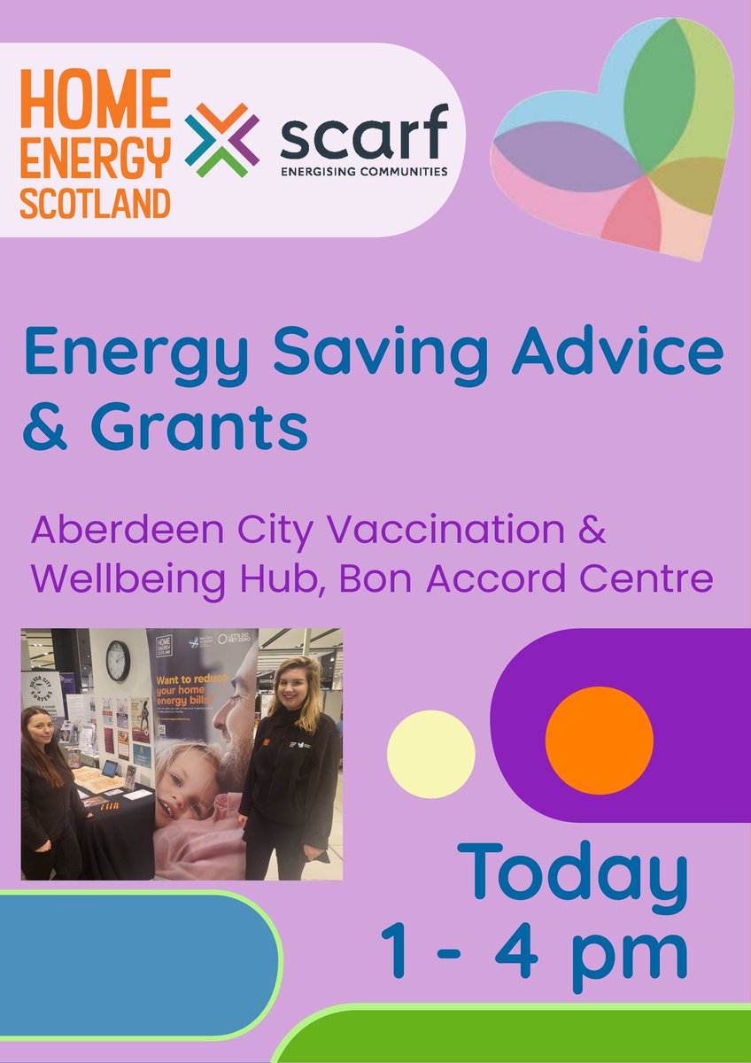 Tuesday 2nd April at the Aberdeen City Vaccination and Wellbeing Hub. CFINE Community Food Outlet from 10-3 and Home Energy Scotland from 1-4pm.@CFINEAberdeen @HomeEnergyScot @NHSGrampian @HSCAberdeen
