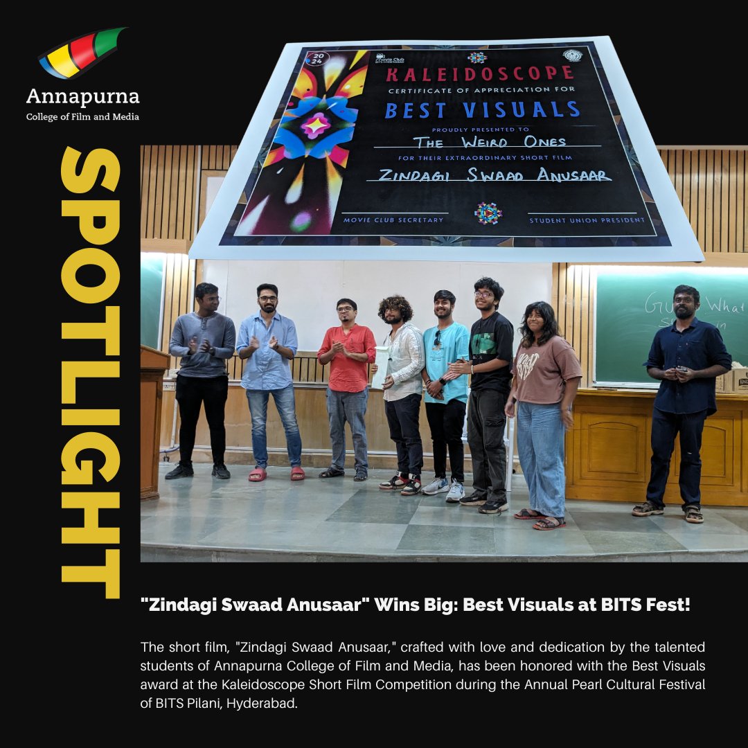 'Zindagi Swaad Anusaar' Wins Big: Best Visuals at Pearl Cultural Fest! Absolutely thrilled to share that the short film, 'Zindagi Swaad Anusaar,' crafted with love and dedication by the talented students of Annapurna College of Film and Media, has been honored with the Best…