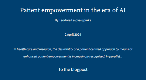 The increase of #AI in #healthcare sparks debates on how to ensure a patient-centred approach. In a new post, @TheaLalova explores AI’s role in enhancing patient empowerment & how patient engagement can contribute to develop and govern AI. Read it here: law.kuleuven.be/ai-summer-scho…