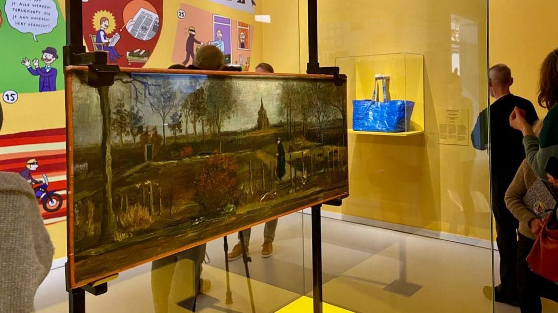 The bright blue @ikea bag worth 49 cents and a comic by Groningen comic strip artist Barbara Stok highlighting the theft are now part of the exhibition on the recovery of Vincent Van Gogh's painting The Parsonage Garden at Nuenen in Spring, 1884 at the Groninger Museum.