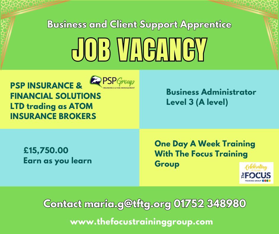 👀LOOK👀
Business &amp; Client Support Apprenticeship Vacancy with Atom Insurance Brokers. 
Gain hands-on experience, receive training, and build a solid foundation for your future career. Apply now 👍
Contact maria.g@tftg.org 01752 348980
Or apply here buff.ly/3vof9E9
