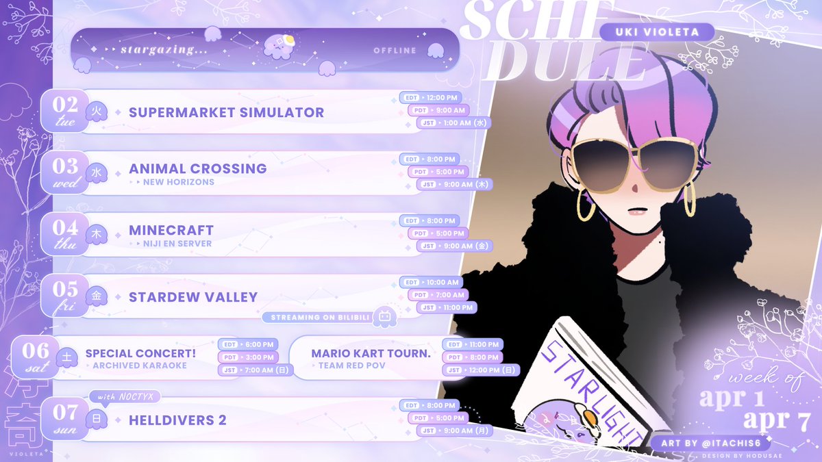 uki_violeta's tweet photo. 【🔮 Weekly Schedule! 🌌】
Apr 01 - Apr 07

General #UkiVioleta
Live #UkiLive
Art #VioletAtelier
Assets #VioletAssets
Meme #uwukiVioleta
NSFW #UKinky
Thumbnails #UkiThumb
Clips #Ukilipse
🍳 #Violeggta
Cute #fuwauki
Drinks #violatte
Cos #ukiform
Fan Name / Stargazers

#NOCTYX https://t.co/3nFjtPBeva