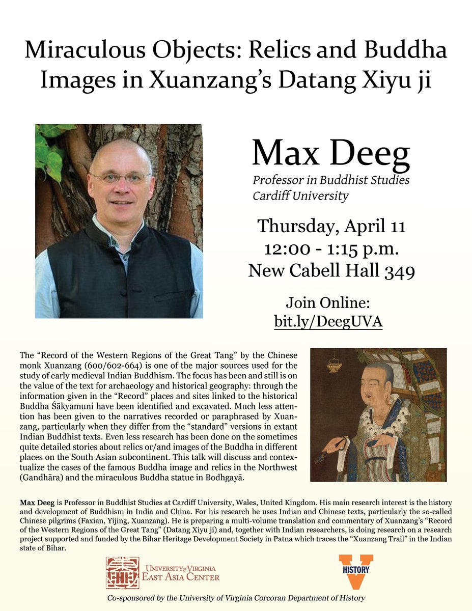 Want to learn about how a Chinese monk is a major source for the study of medieval Indian Buddhism? 👀 come to our LUNCH event next Thursday! @UVA_History